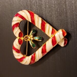 Vintage Enamel Red White & Gold Tone Candy 🍬 Cane Heart ❤️ Brooch